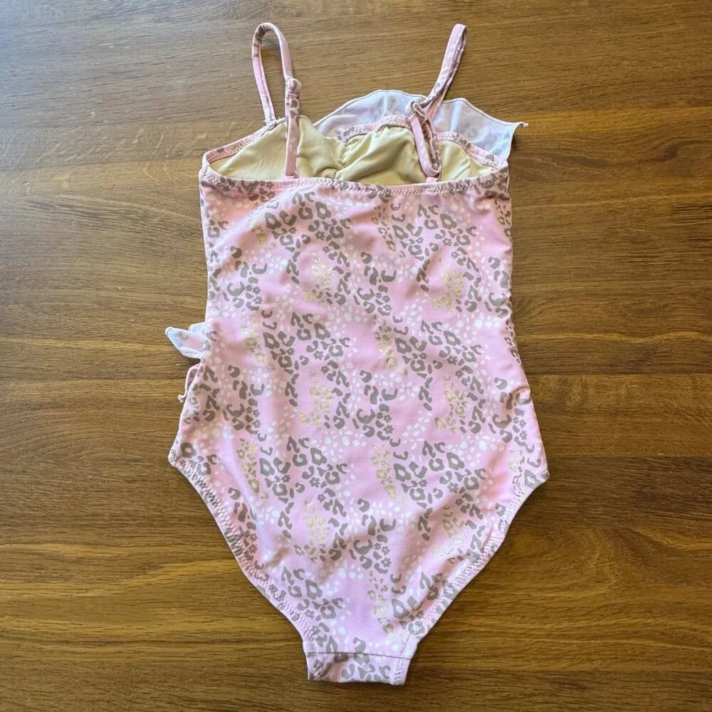 SHADE CRITTERS Leopard Spots Ruffle Swimsuit Girls 7 Pink Asymmetric One Piece - Picture 2 of 5